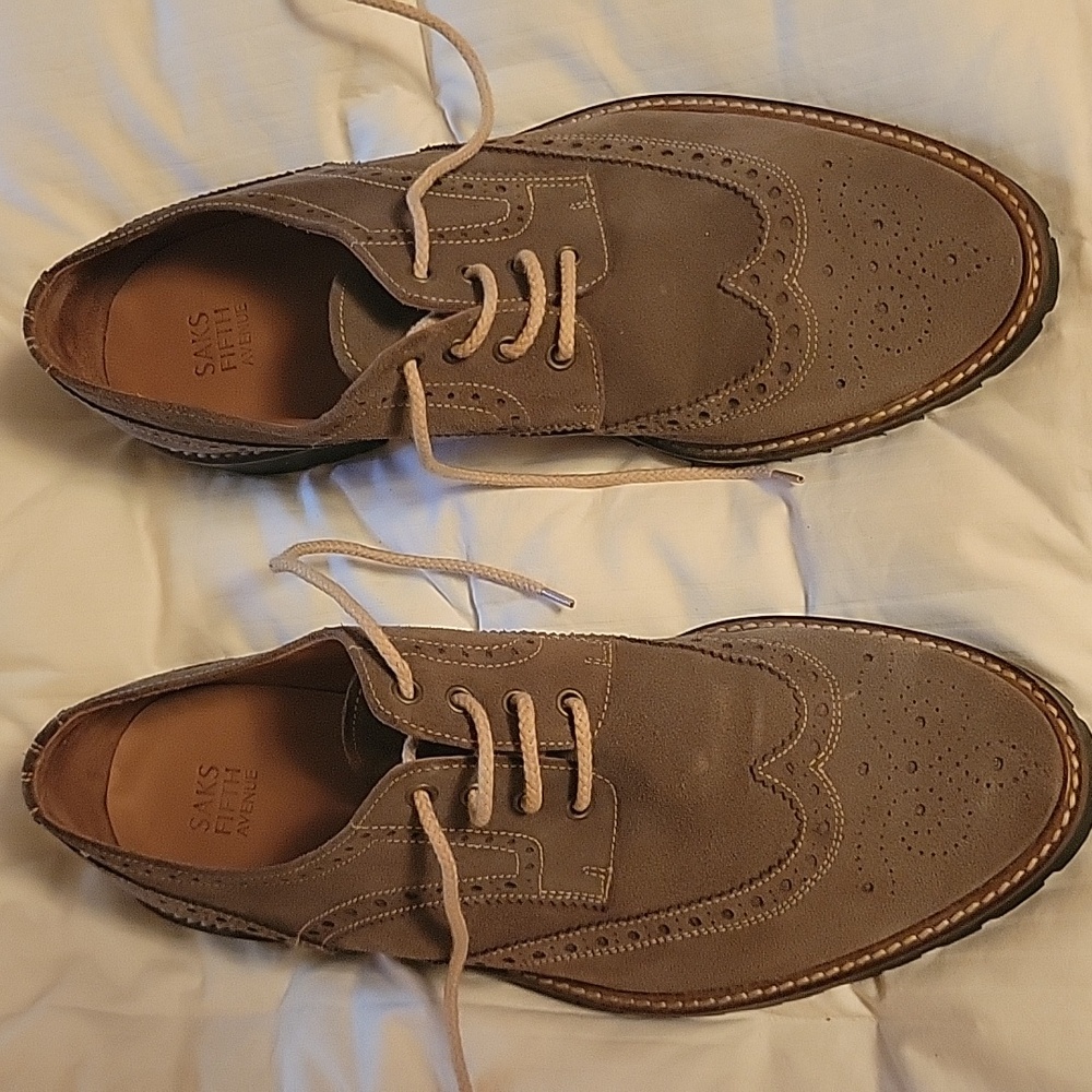 Saks Fifth Ave Shoes Mens Size 10 M Gray Suede Oxford Wingtip. NWOT.